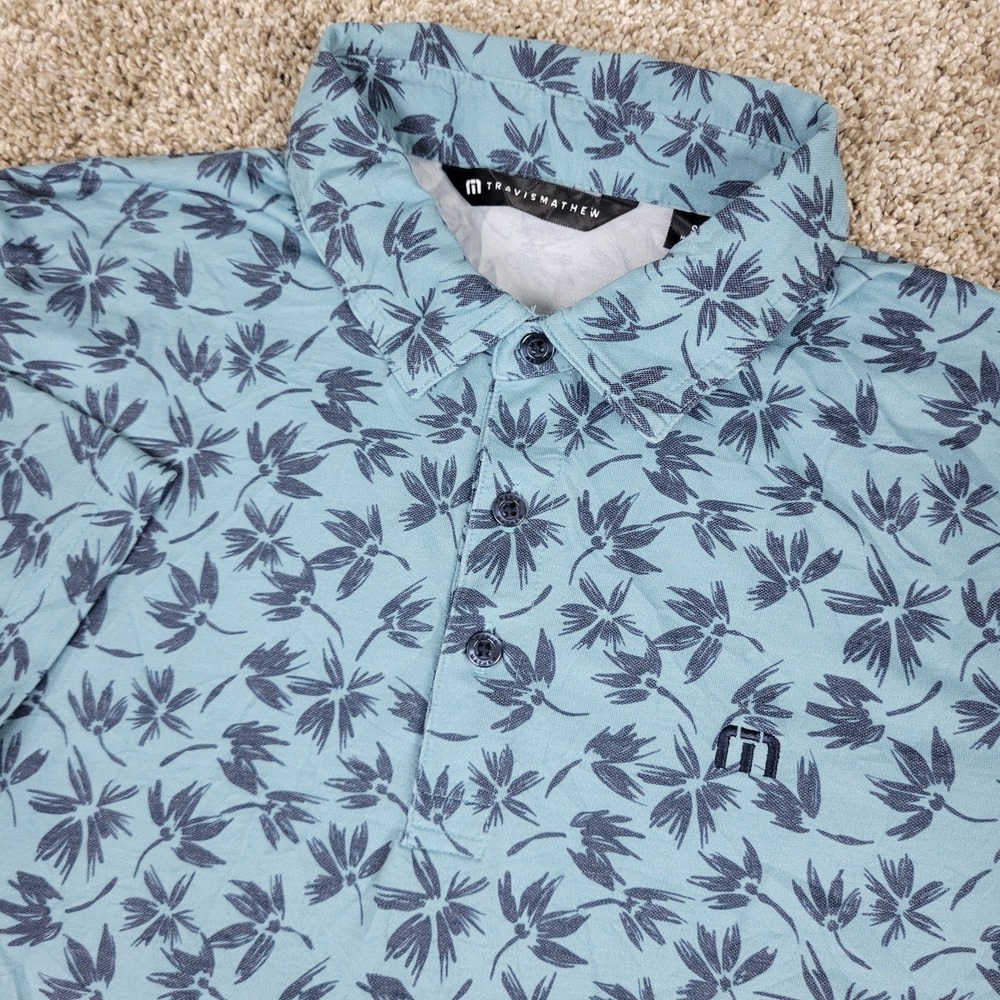 Travis Mathew Mens Small Blue AOP Floral Peformance Stretch Golf Polo SS